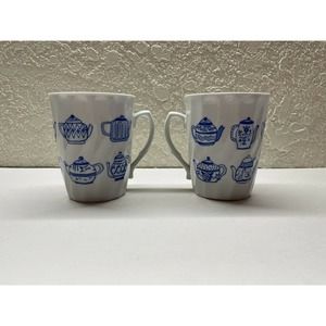 SET OF 2 Blue Tea Pot Carafe Collection Cup White Coffee Mug 4" Tall